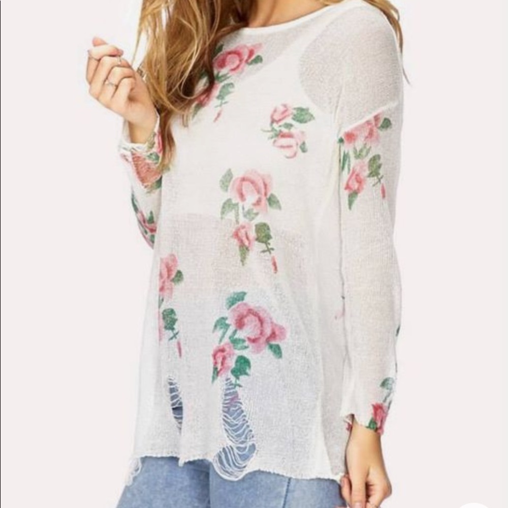 Forever 21 Thin White Ripped Rose Floral Sweater Size M/L